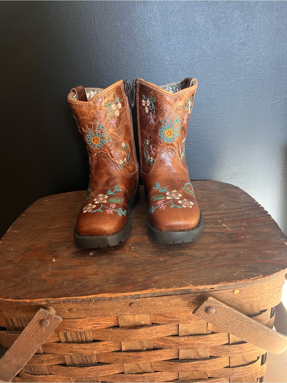 Brown Embroidered Leather Cowboy Boots - Floral Detail